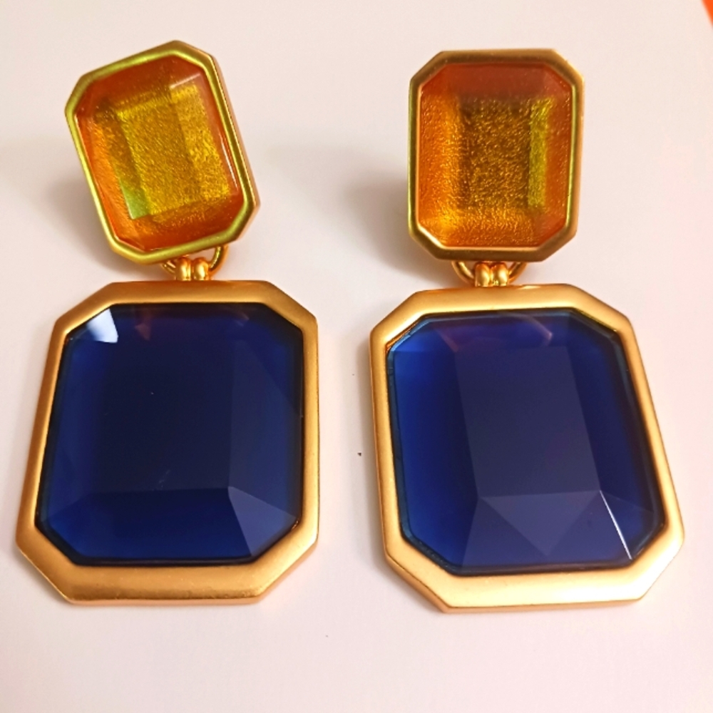 Yves Saint Laurent Gold-Tone Earrings with Deep Blue and Amber Stones